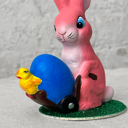 Ino Schaller Papier-Maché Pink Bunny with Wheelbarrow