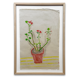 A framed watercolor painting of a potted geranium plant, featuring green stems and leaves with small red flowers in a terracotta pot, set against a textured beige background with yellow horizontal lines, enclosed in a light wood frame.