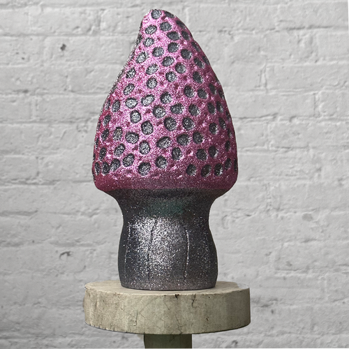 Cone Head Glitter Mushroom in Pink with Black Dots