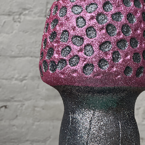 Cone Head Glitter Mushroom in Pink with Black Dots