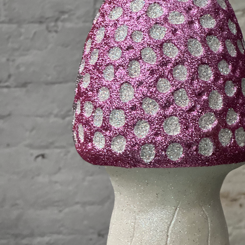 Cone Head Glitter Mushroom in Pink with White Dots