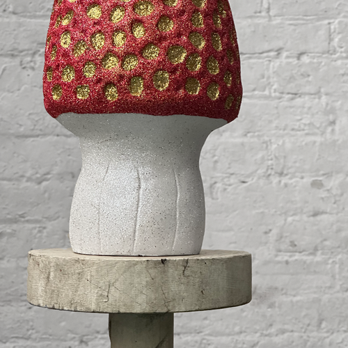 Cone Head Glitter Mushroom in Red with Gold Dots