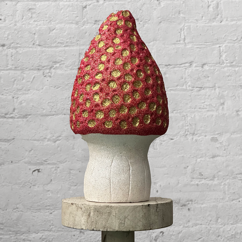 Cone Head Glitter Mushroom in Red with Gold Dots