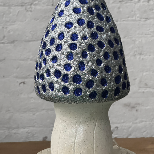 Cone Head Glitter Mushroom in Silver with Blue Dots