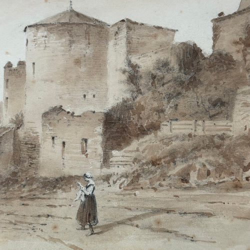 19th Century French Monochromatic Watercolor Painting by Alphonse Baril (#46)