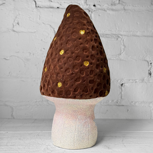 Flocked Glitter Morel Mushroom in Brown Yellow with Few Gold Dots