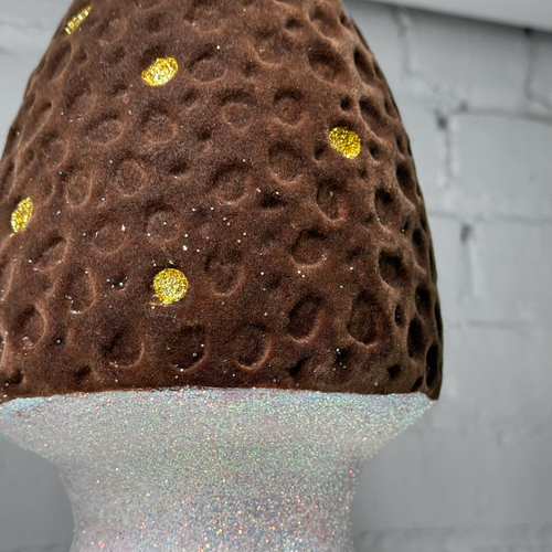 Flocked Glitter Morel Mushroom in Brown Yellow with Few Gold Dots