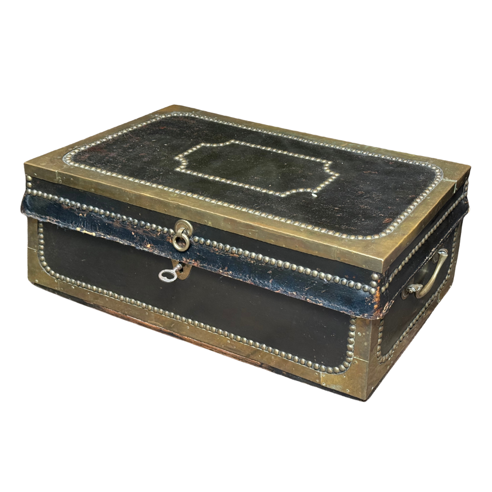 Small 19th-century China Trade Leather Camphor Chest with Gilt Silver Paper Lining (#1)