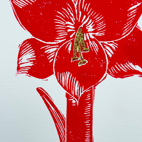 Block Printed Red Amaryllis Folded Card