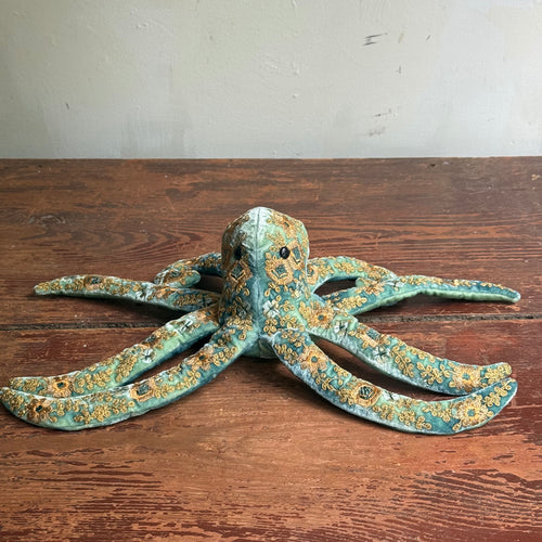 Miranda Silk Velvet Embroidered Octopus in Shaded Lagoon
