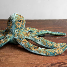 Miranda Silk Velvet Embroidered Octopus in Shaded Lagoon