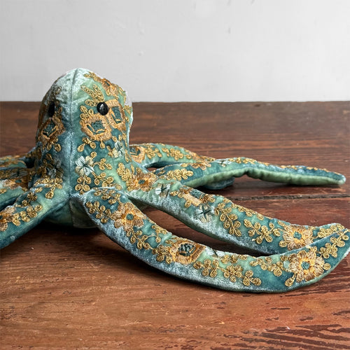 Miranda Silk Velvet Embroidered Octopus in Shaded Lagoon