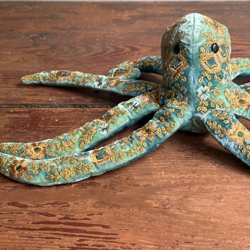Miranda Silk Velvet Embroidered Octopus in Shaded Lagoon