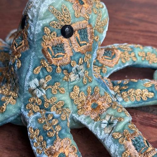 Miranda Silk Velvet Embroidered Octopus in Shaded Lagoon