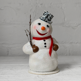 Papier-Mâché Snowman with Broom in Brilliant White