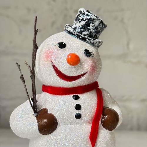 Papier-Mâché Snowman with Broom in Brilliant White