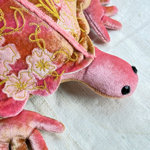Azura Embroidered Small Silk Velvet Turtle in Shaded Light Rouge