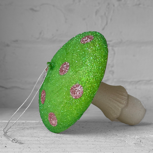 Glitter Mushroom Ornament in Light Green & Pink