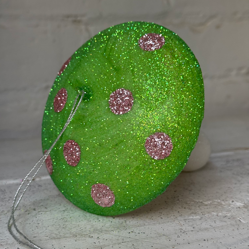 Glitter Mushroom Ornament in Light Green & Pink