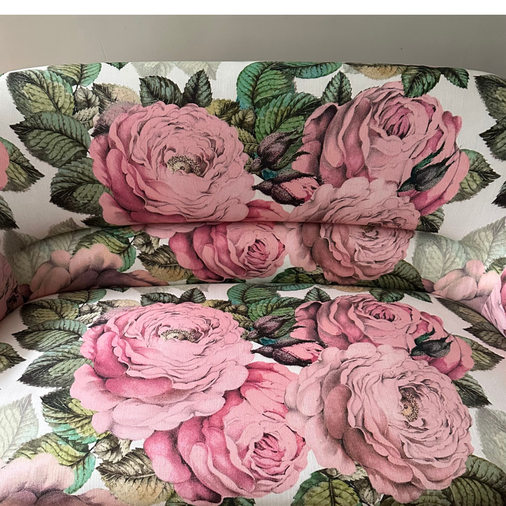 19th Century French Loveseat in John Derian for Designers Guild "The Rose Tuberose" Fabric