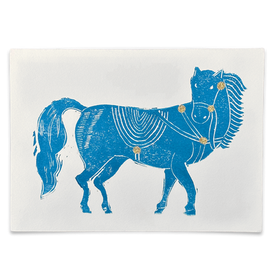 Block Printed Blue Horse Folded Card
