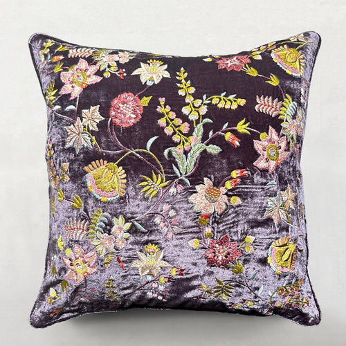 Madame Bovary Embroidered Silk Velvet Cushion in Purple