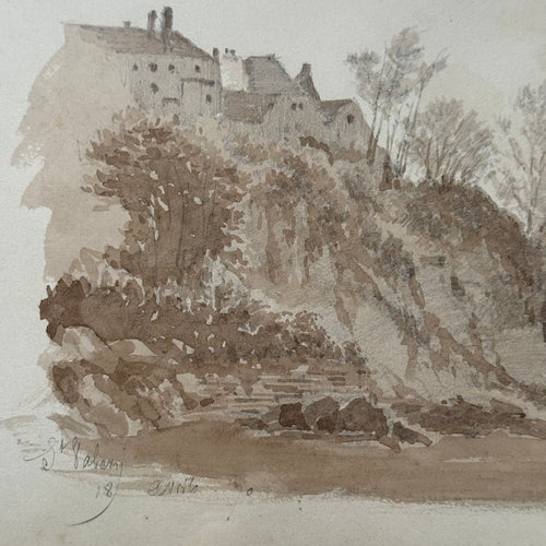 19th Century French Monochromatic Watercolor Painting by Alphonse Baril (#90)