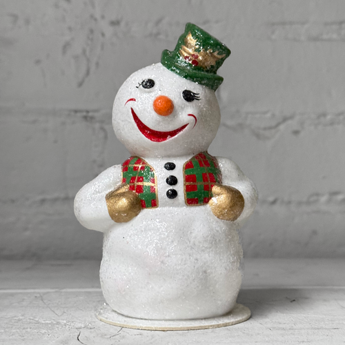 Papier-Mâché Snowman in Green Hat