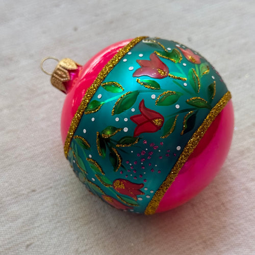 Vivid Pink Reflector Ornament with Floral Design