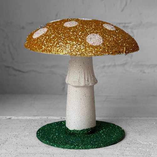 Small Glitter Mushroom in Gold with White Dots