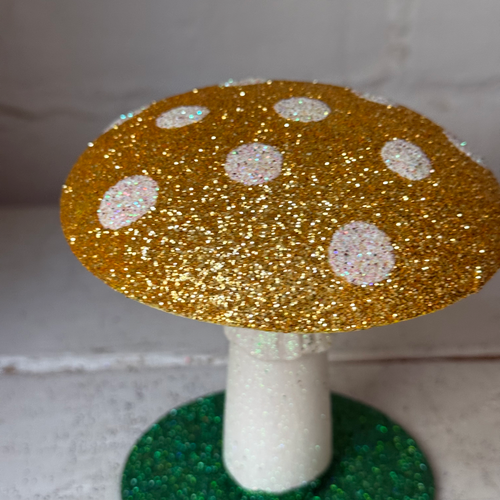 Small Glitter Mushroom in Gold with White Dots
