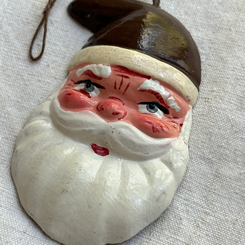 Nostalgic Papier-Mâché Santa Face with Brown Hat Ornament