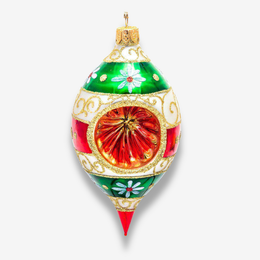 A decorative Christmas ornament shaped like an egg, featuring a green top and bottom section with white floral details, red side panels, a large red circular center, and ornate gold scrollwork, shown on a light gray background.