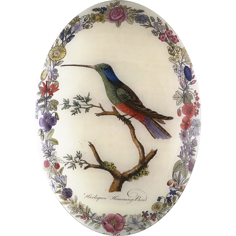 A thirteen inch by eighteen inch vertical convex oval glass plate of a hummingbird on a branch surrounded by a floral boarder. 