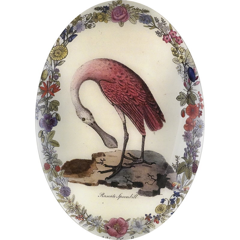 A thirteen inch by eighteen inch vertical convex oval glass tray with a spoonbill in the center looking down with a floral boarder. 