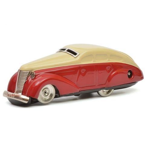 Wind-Up Tin Schuco 1010 Turning Car in Red & Beige