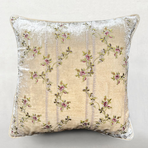 Rose Stripe Embroidered Silk Velvet Cushion in Champagne