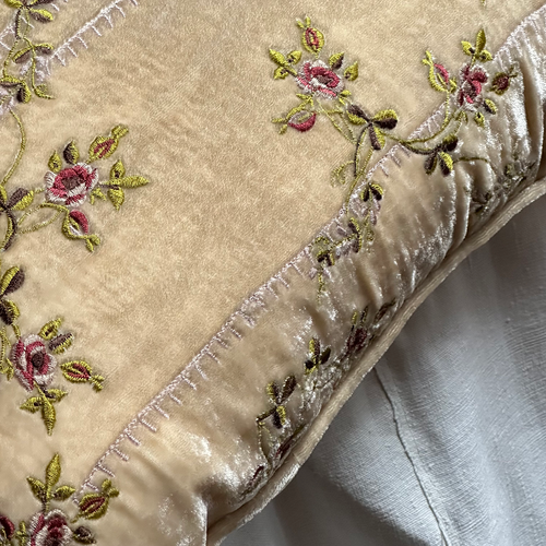 Rose Stripe Embroidered Silk Velvet Cushion in Champagne