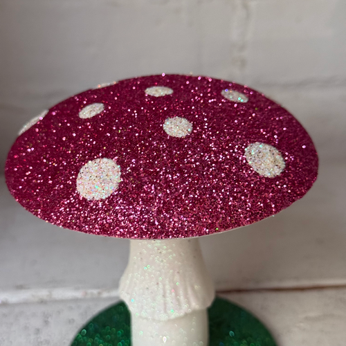 Small Glitter Mushroom in Pink with White Dots