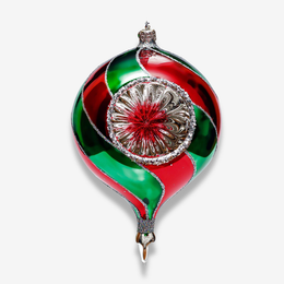 A glossy glass Christmas ornament shaped like a teardrop, featuring a red and green candy-cane swirl pattern with a central silver floral medallion and a silver hanging loop.
