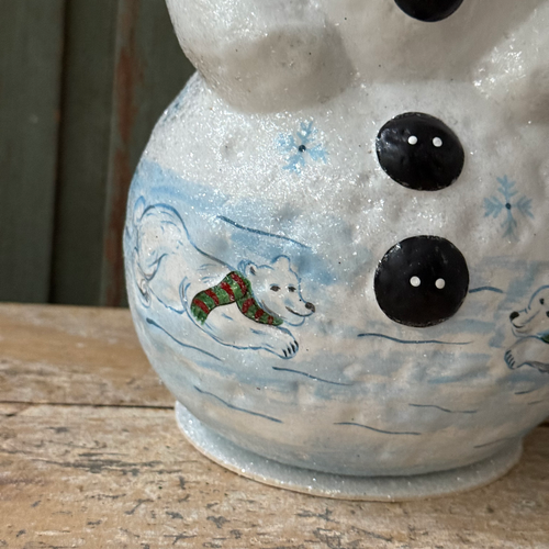 XL Papier-Mâché Beaded Snowman with Polar Bear Scene