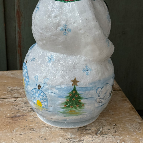 XL Papier-Mâché Beaded Snowman with Polar Bear Scene