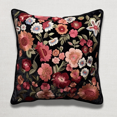Eva Embroidered Silk Velvet Cushion in Black