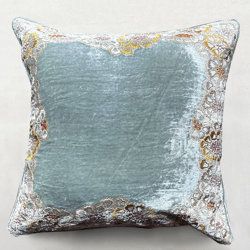 Jamila Embroidered Silk Velvet Cushion in Lake Blue