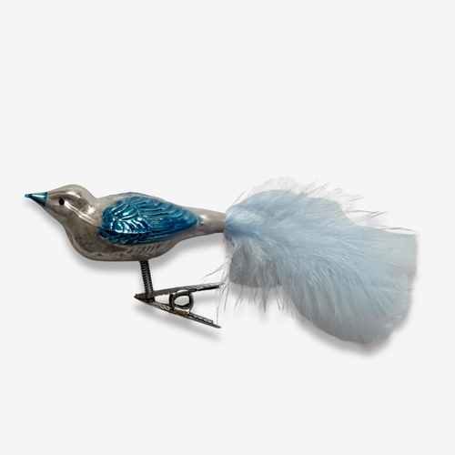 Nostalgic Clip-on Blue Bird Ornament with Feathers