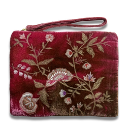 Jane Embroidered Silk Velvet Perfect Zip Pouch in Shaded Light Rouge