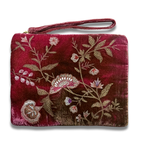 Jane Embroidered Silk Velvet Perfect Zip Pouch in Shaded Light Rouge