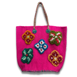 PO! Paris Nathalie Lete Woven & Knotted "Les Petites Fleur" Tote Bag in Rose