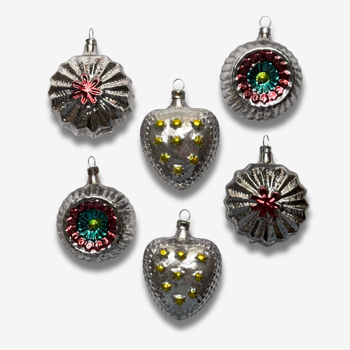 Set of 6 Mixed Silver Reflector Ornaments