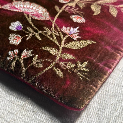 Jane Embroidered Silk Velvet Perfect Zip Pouch in Shaded Light Rouge